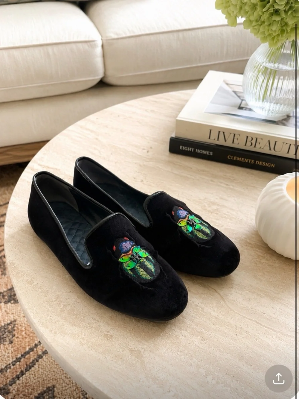Tory Burch Easton Black Velvet Beetle Loafers Flats Ballet Shoes Size 9.5 M